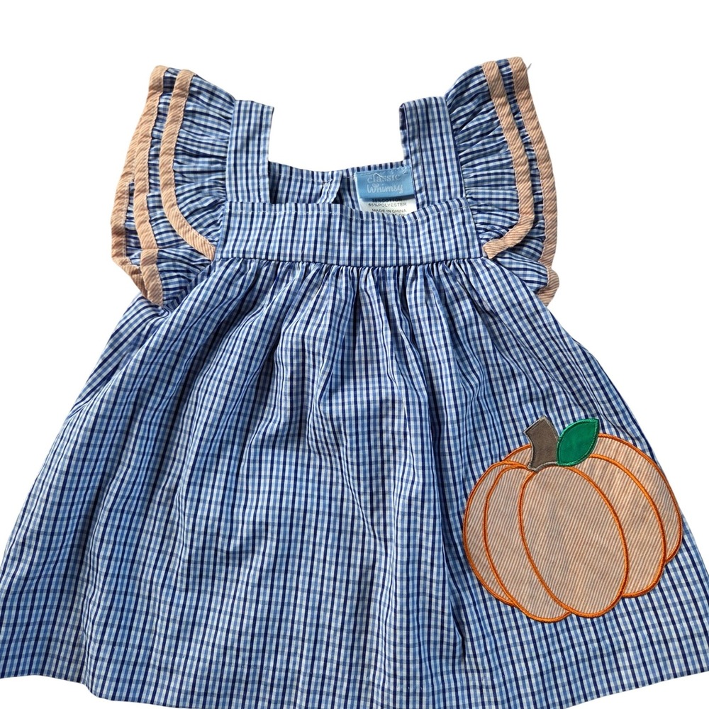 Classic Whimsy Girls 3T Pumpkin Top Gingham Blue Orange Plaid Fall Halloween EUC